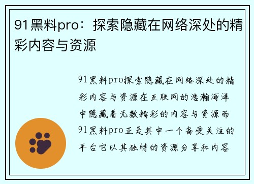 91黑料pro：探索隐藏在网络深处的精彩内容与资源